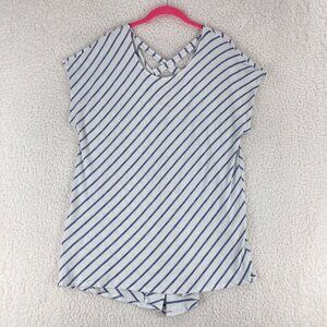 Chico's White Blue Striped Pullover Shirt Womens Stretch Short Sleeve Size Large